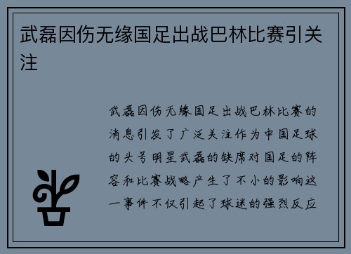 武磊因伤无缘国足出战巴林比赛引关注 武磊因伤无缘国足出战巴林比赛引关注