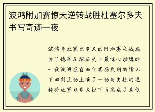 波鸿附加赛惊天逆转战胜杜塞尔多夫书写奇迹一夜